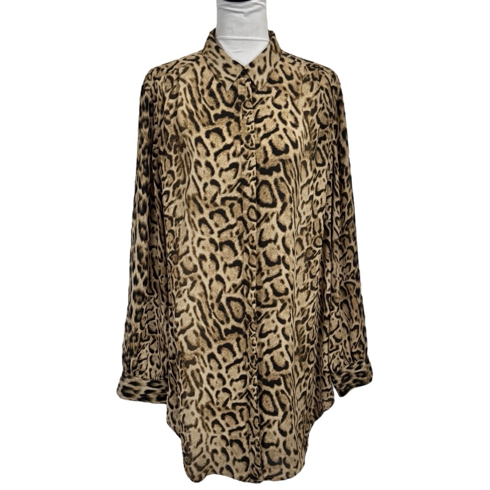 Express Long Leopard Print Button Down Shirt XL Relaxed Boyfriend Tunic Mob Wife